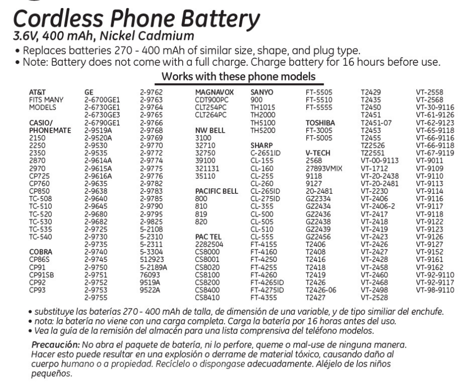 26155 GE Cordless Phone Battery
