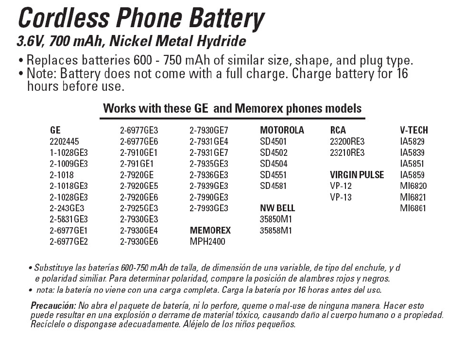26158 GE Cordless Phone Battery