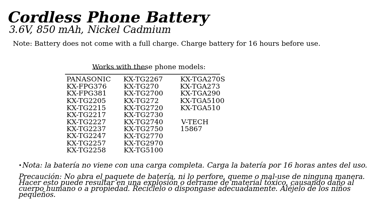26400 GE Cordless Phone Battery
