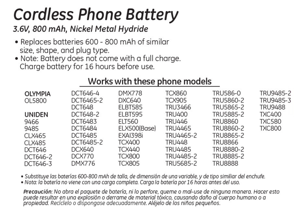 26402 GE Cordless Phone Battery