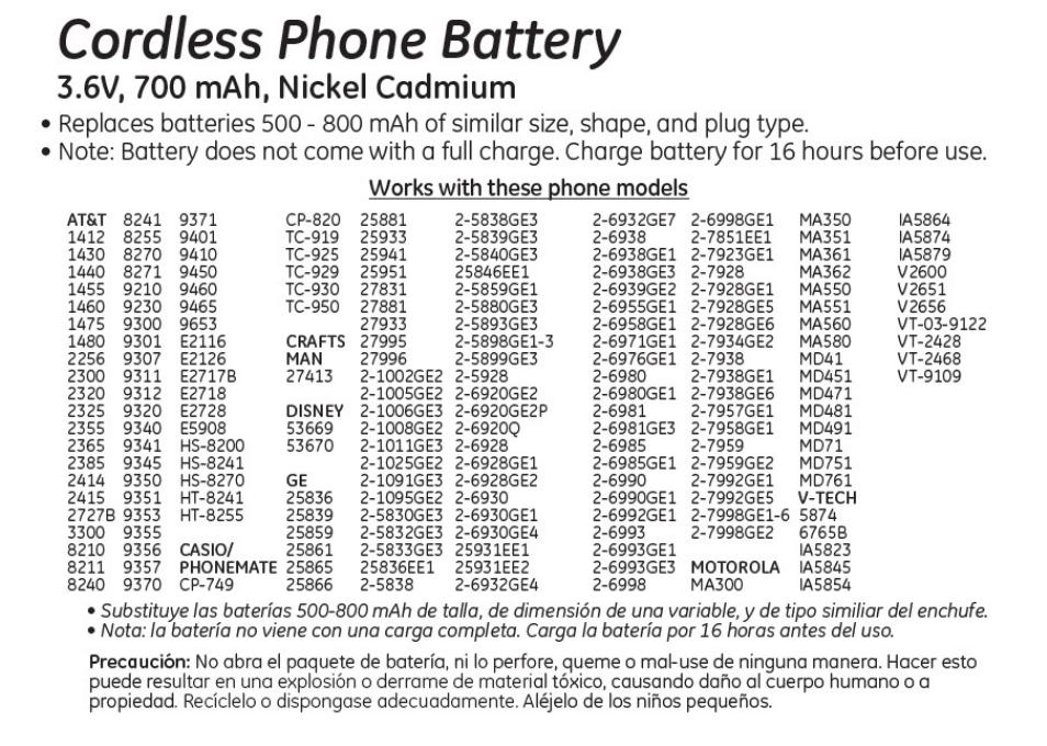 26506 GE Cordless Phone Battery