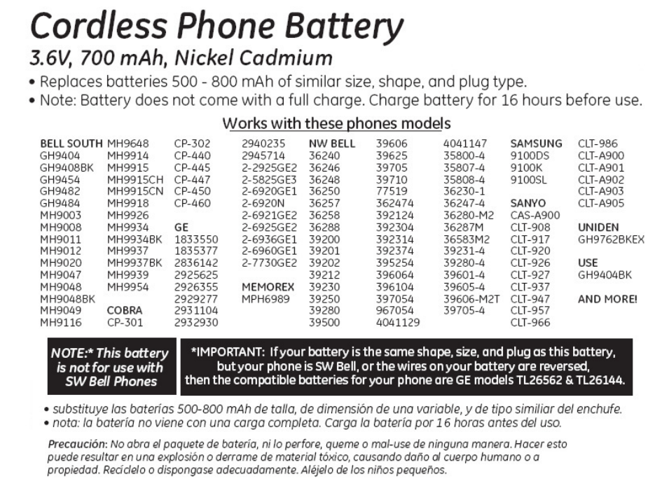 26554 GE Cordless Phone Battery