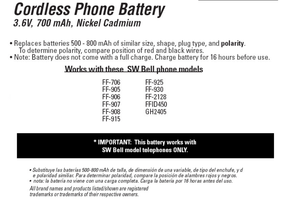 26562 GE Cordless Phone Battery