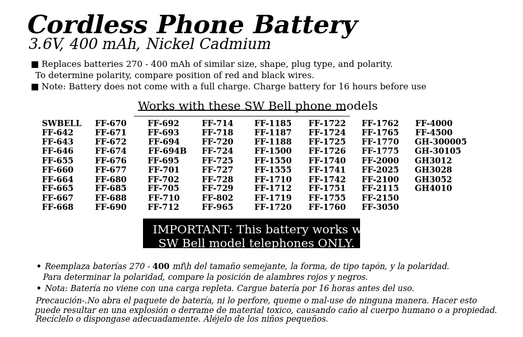 26563 GE Cordless Phone Battery