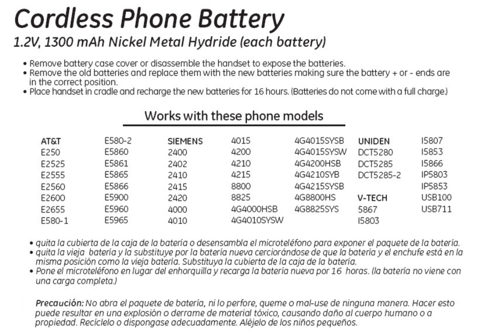 26604 GE Cordless Phone Battery