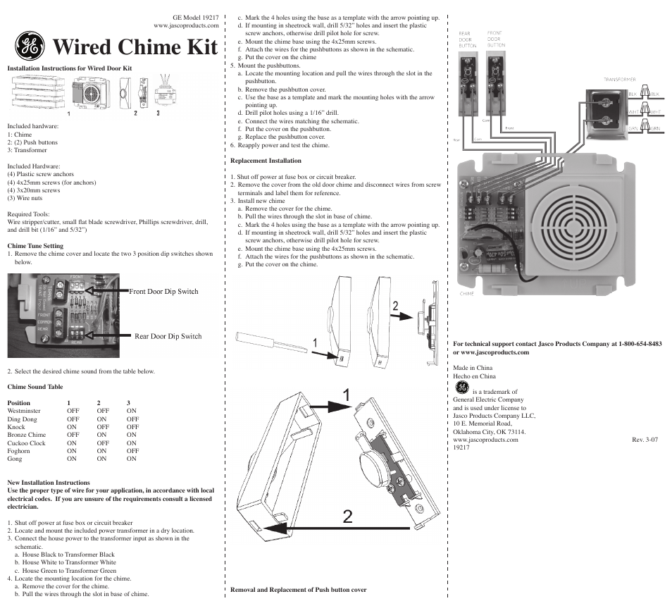 19217 GE Wired Seven-Sound Door Chime Kit Two Push Buttons