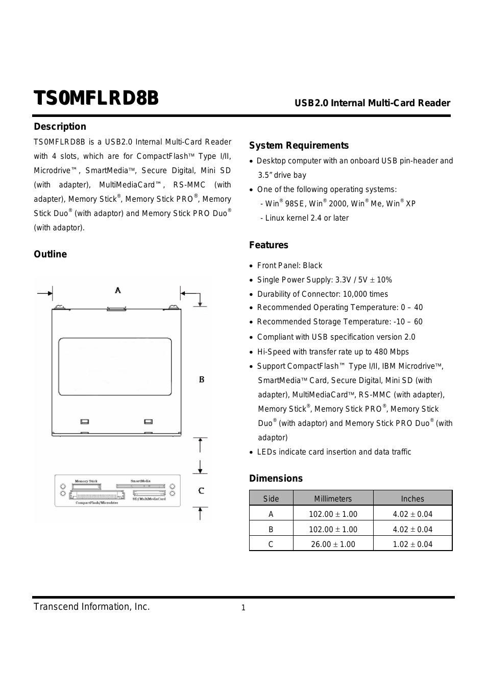 USB2.0 Internal Multi-Card Reader TS0MFLRD8B