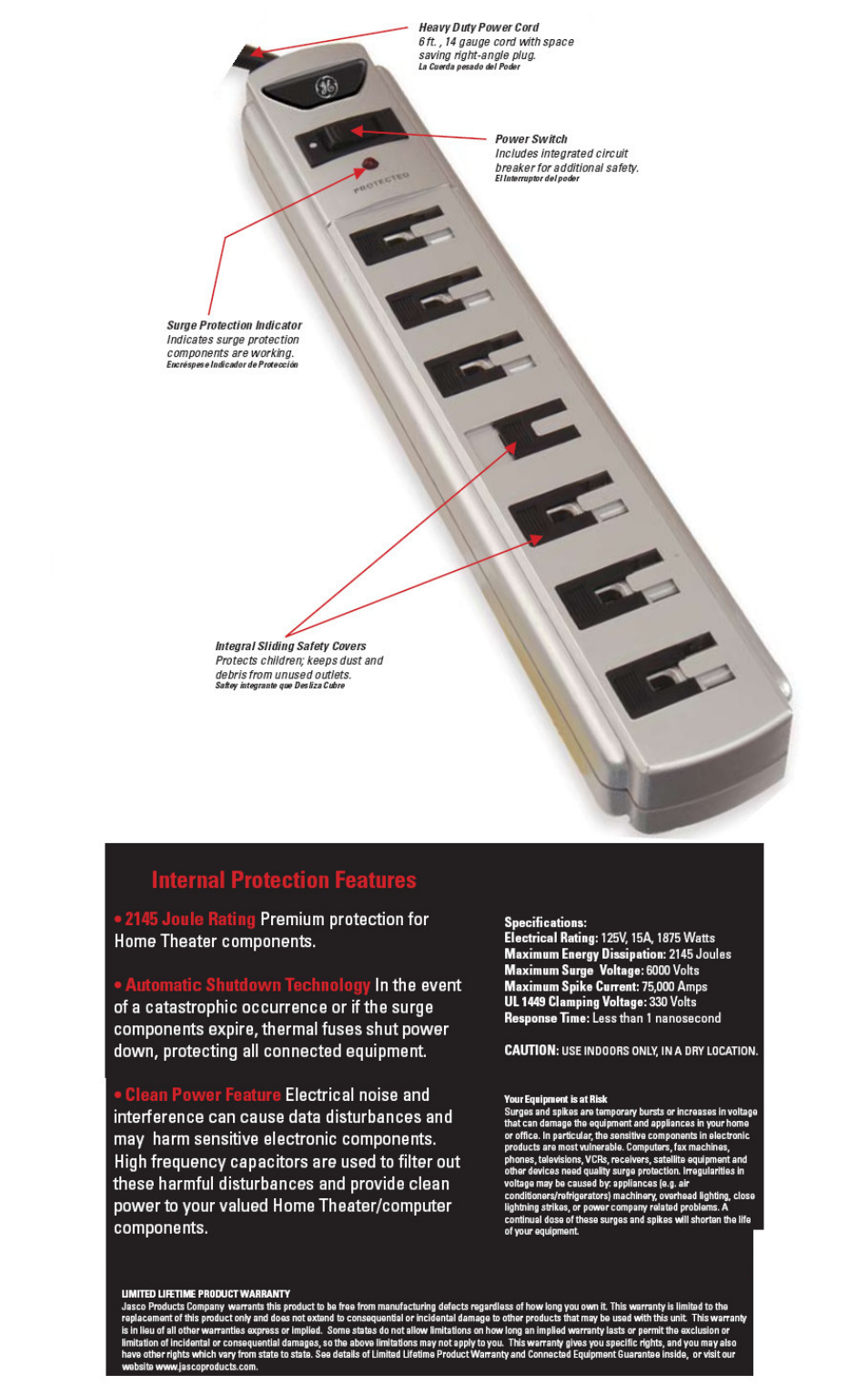 23035 GE 7-Outlet Home Theater Surge Strip 2140 Joules