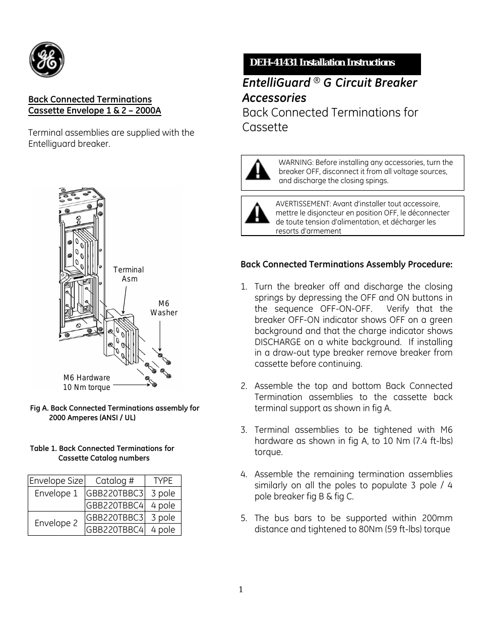 EntelliGuard G Back Connected Terminations for Cassette Envelope 1 & 2 – 2000A