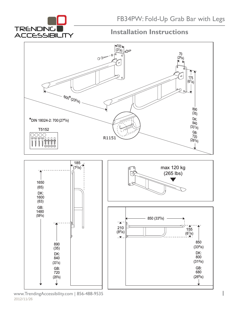 FB34PW: Fold-Up Grab Bar with Legs