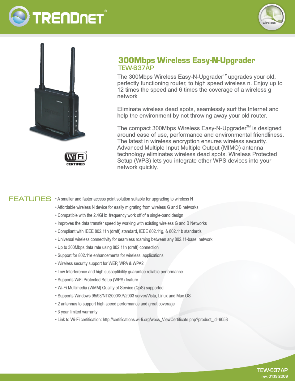 300Mbps Wireless Easy-N-Upgrader TEW-637AP