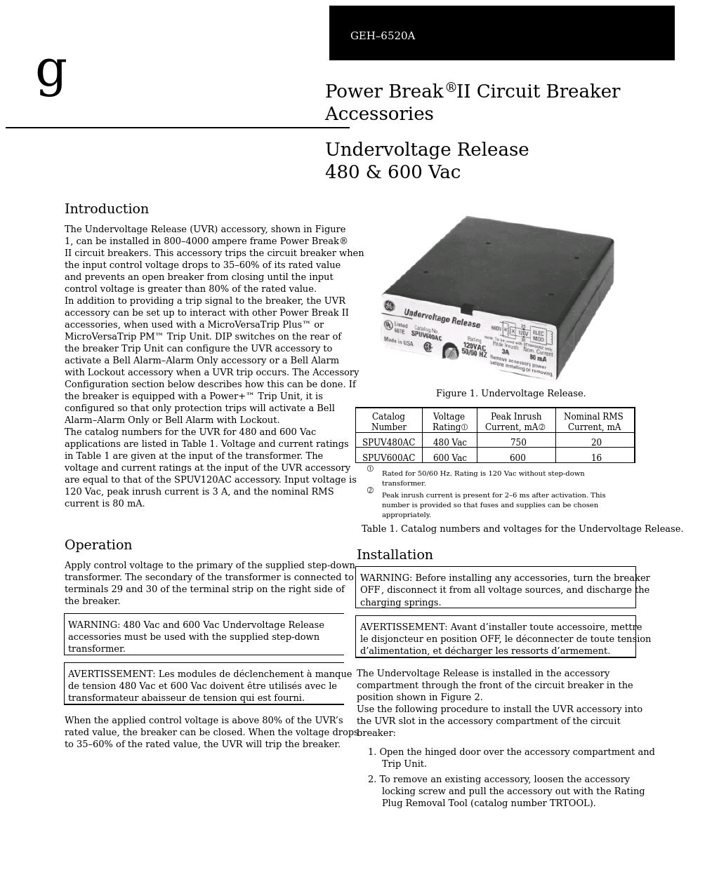 Power Break II Undervoltage Release 480 & 600 Vac