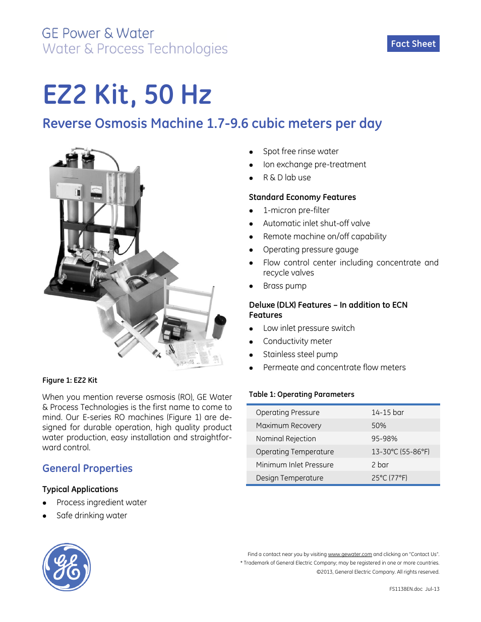E-Series Reverse Osmosis - EZ-2 Kit 50 Hz
