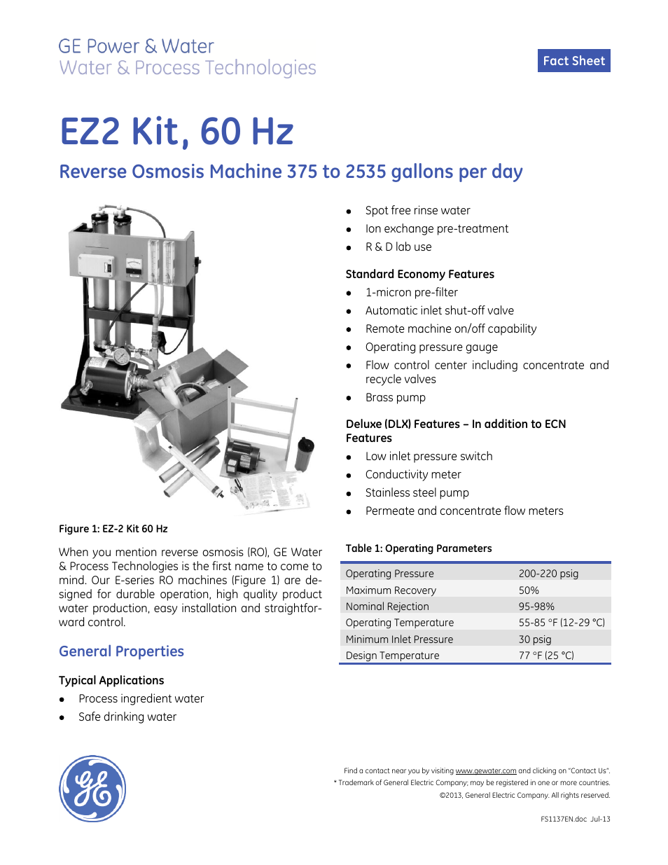 E-Series Reverse Osmosis - EZ-2 Kit 60 Hz