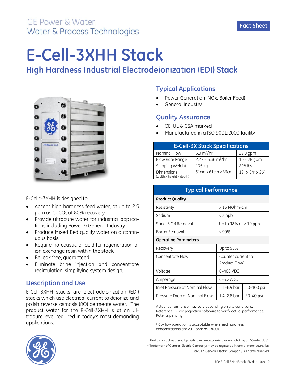 Electrodeionization (EDI) - E-Cell-3X HH Stack