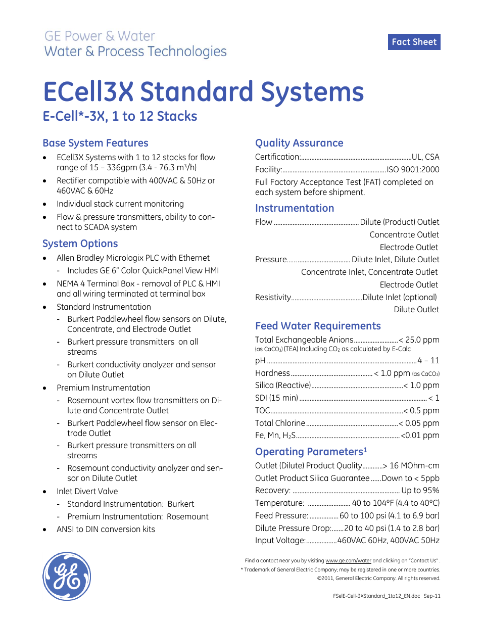 Electrodeionization (EDI) - E-Cell-3X Standard Systems, 1 to 12 Stacks