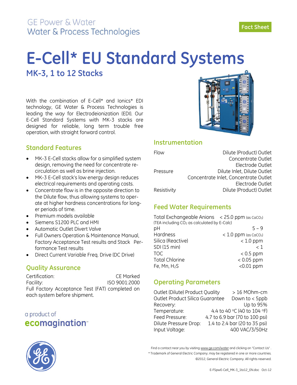 Electrodeionization (EDI) - E-Cell EU Standard Systems MK-3, 1 to 12 Stacks
