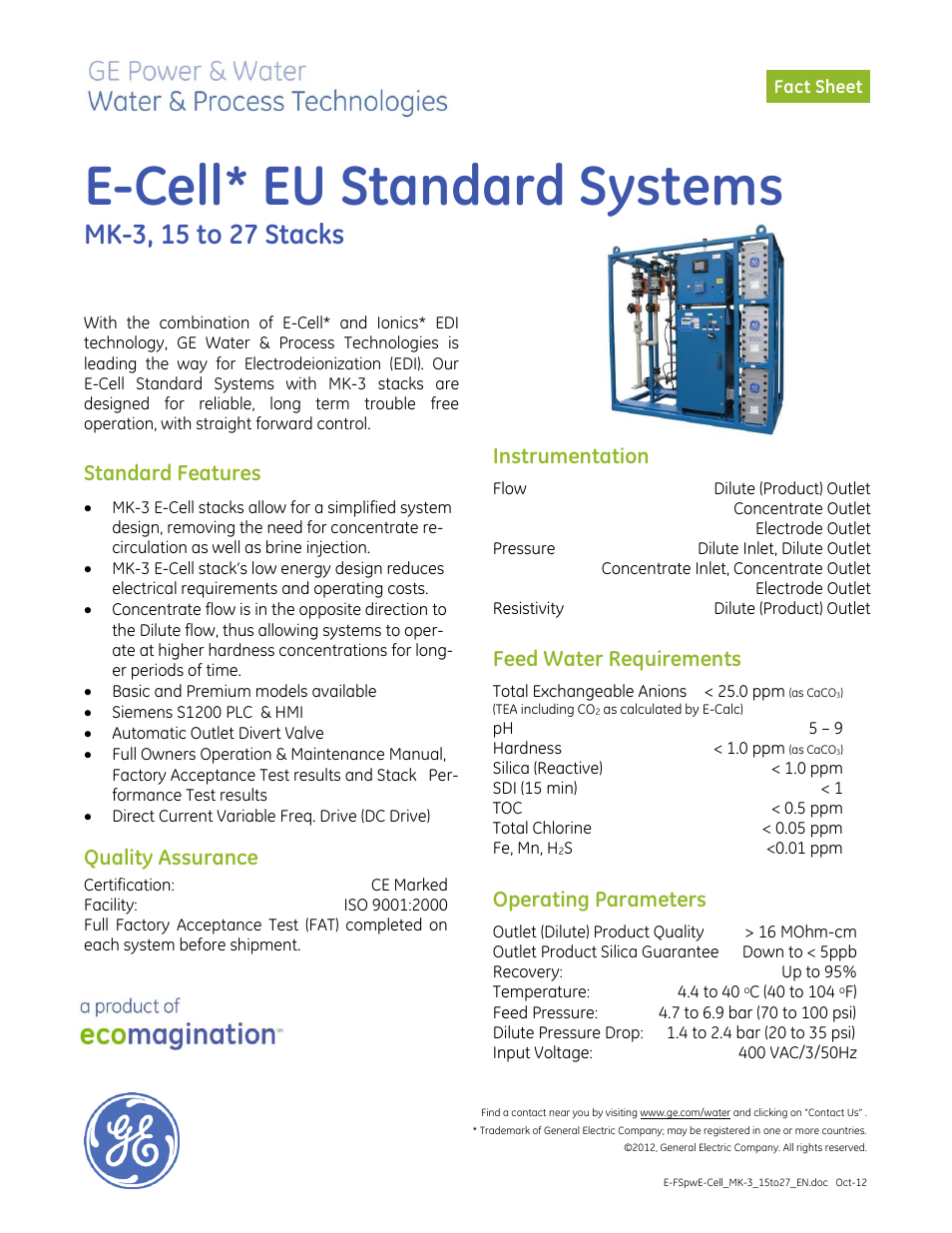 Electrodeionization (EDI) - E-Cell EU Standard Systems MK-3, 15 to 27 Stacks