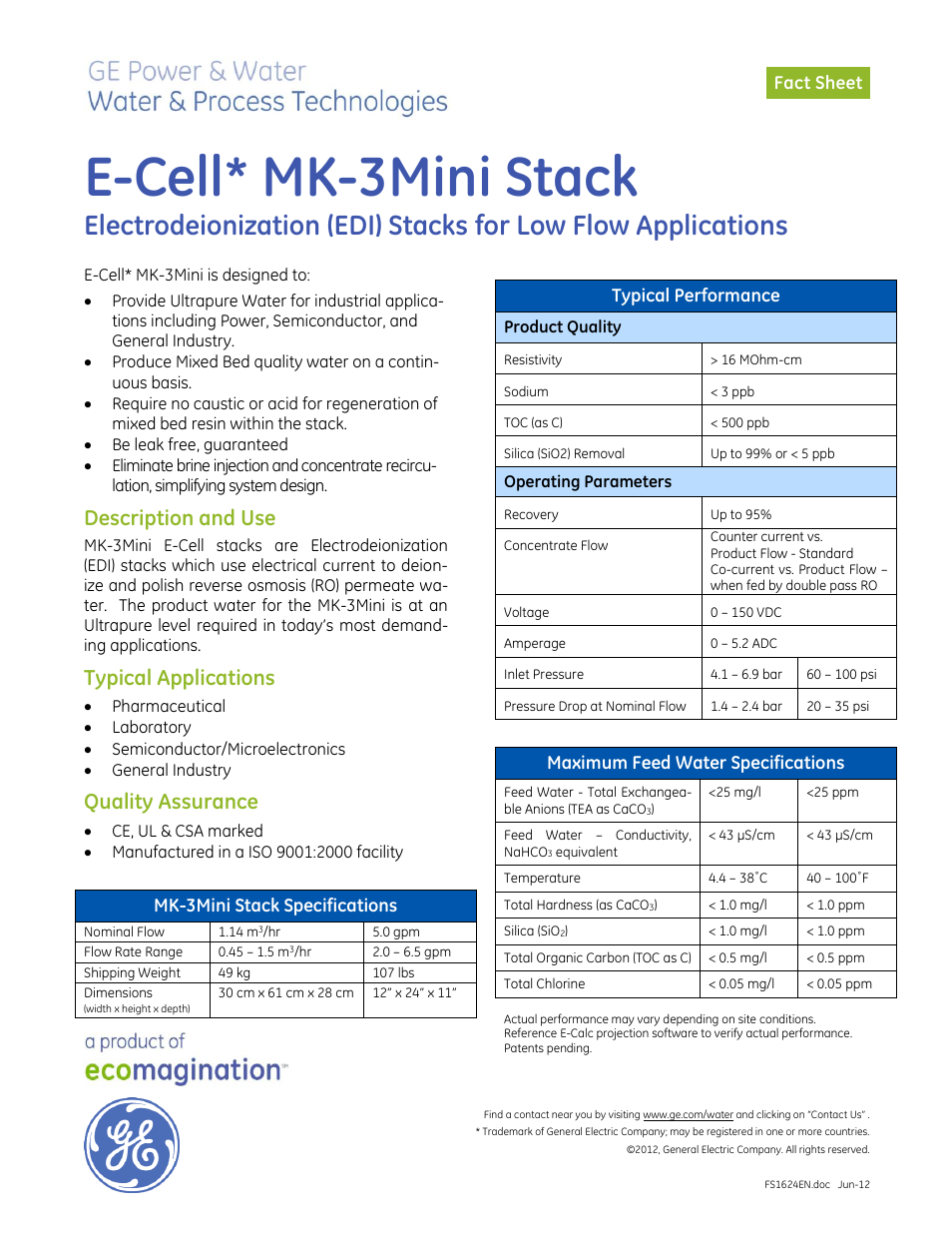 Electrodeionization (EDI) - E-Cell MK-3Mini Stack