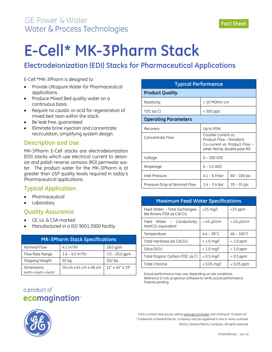 Electrodeionization (EDI) - E-Cell MK-3Pharm Stack
