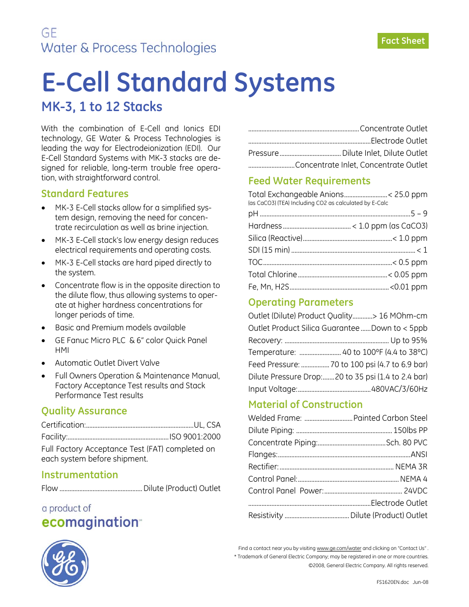 Electrodeionization (EDI) - E-Cell Standard Systems, MK-3, 1 to 12 Stacks