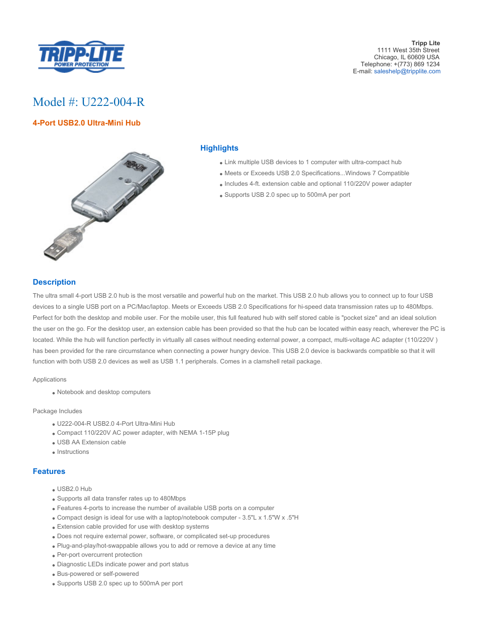 4-Port USB 2.0 Self- or Bus-Powered Ultra-Mini Hub U222-004-R