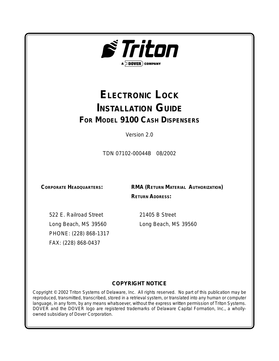 9100 Electronic Lock Installation Manual