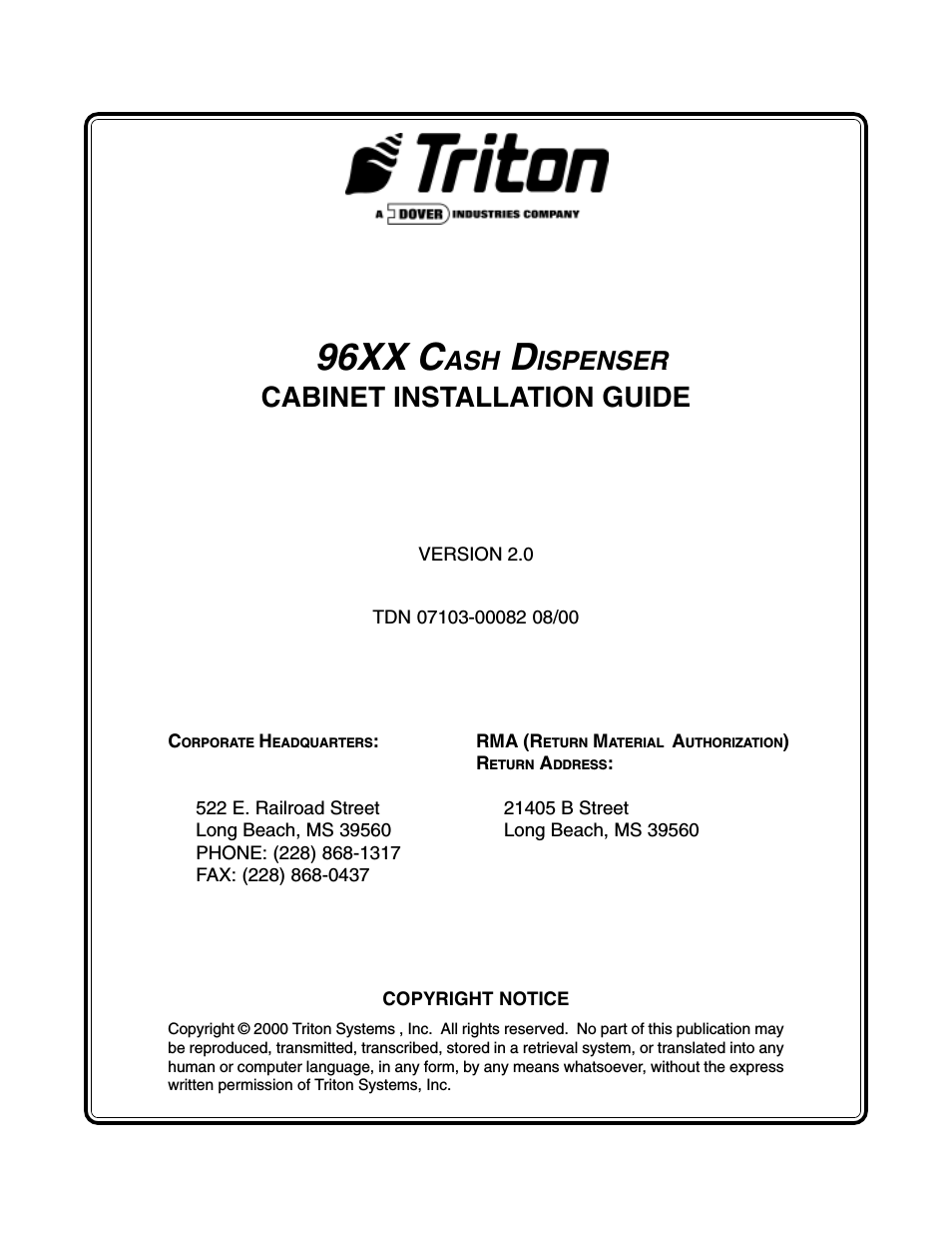 96XX CASH DISPENSER CABINET Installation Manual