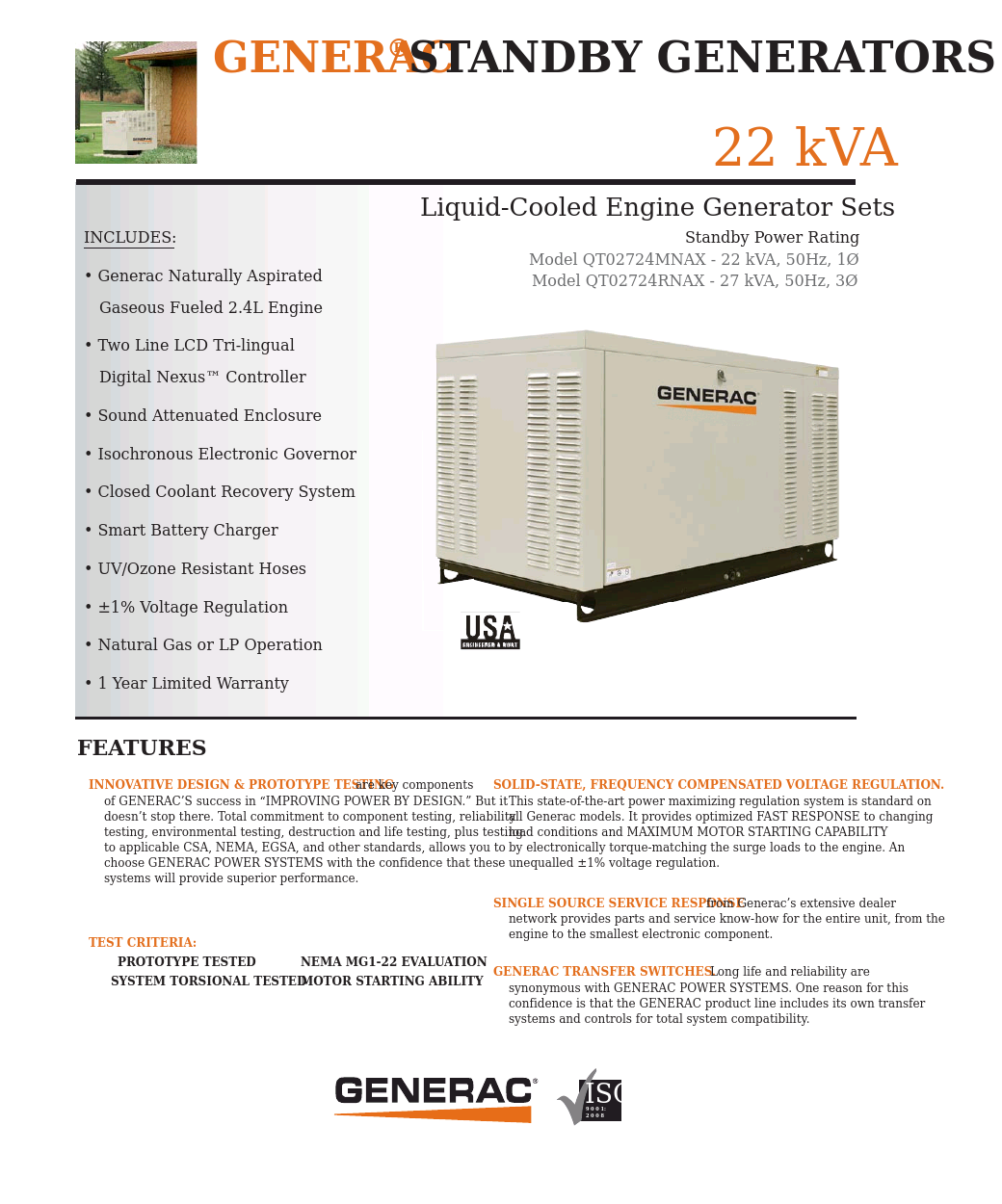 Liquid-Cooled Engine Generator Sets Model QT02724MNAX - 22 kVA