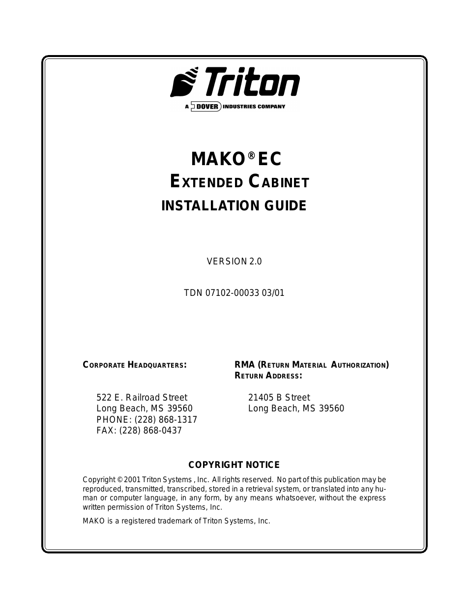 MAKO EXTENDED CABINET Installation Manual