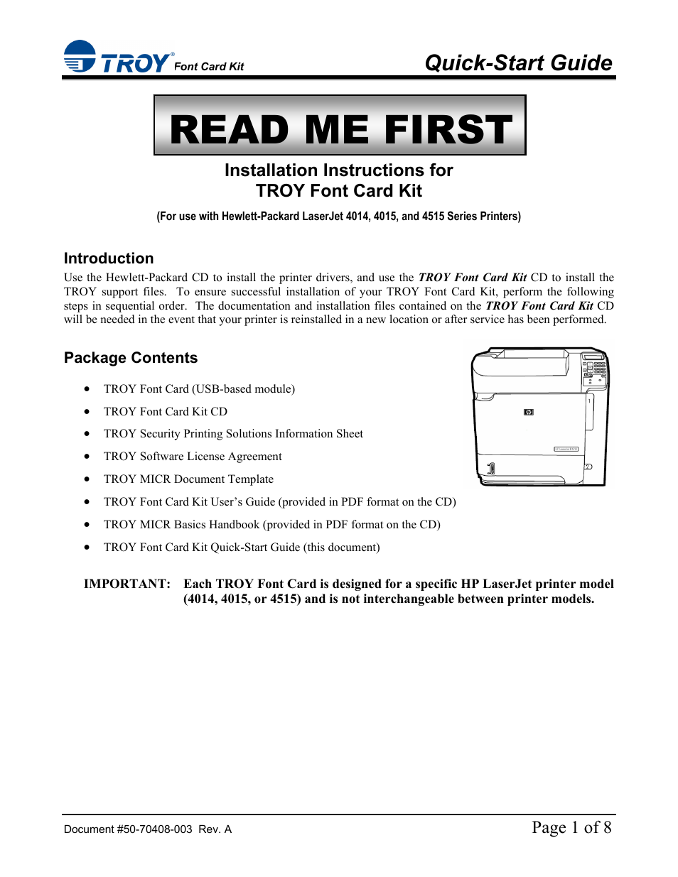 Hewlett-Packard LaserJet 4515 Font Card Kit Quick-Start Guide