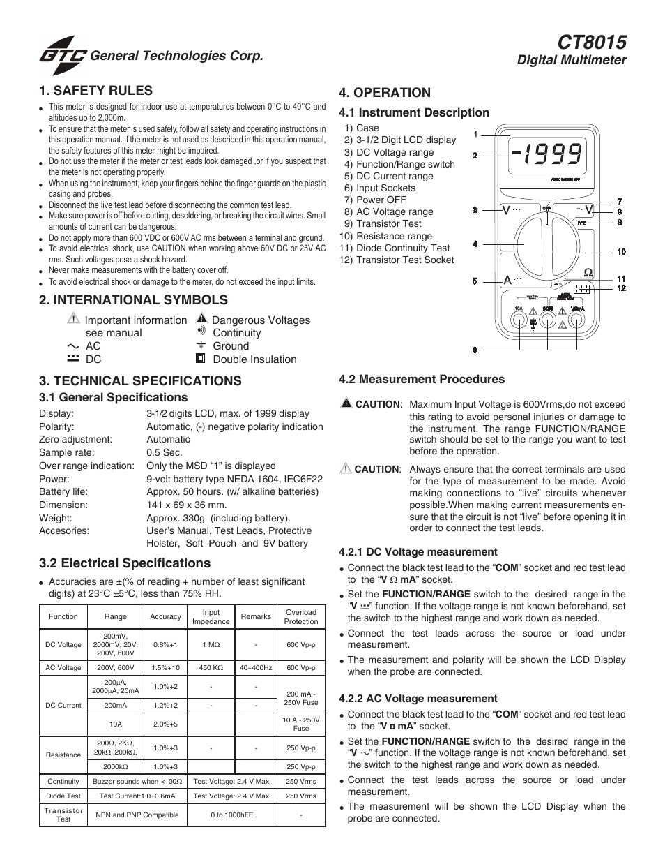 CT8015 	CT8015 Manual Range Digital Multimeter