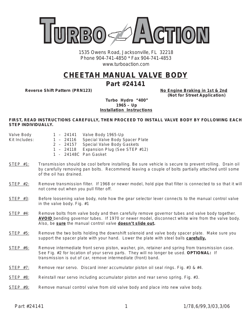 24141 Turbo Hydro 400 Manual Valve Body (PRN123)