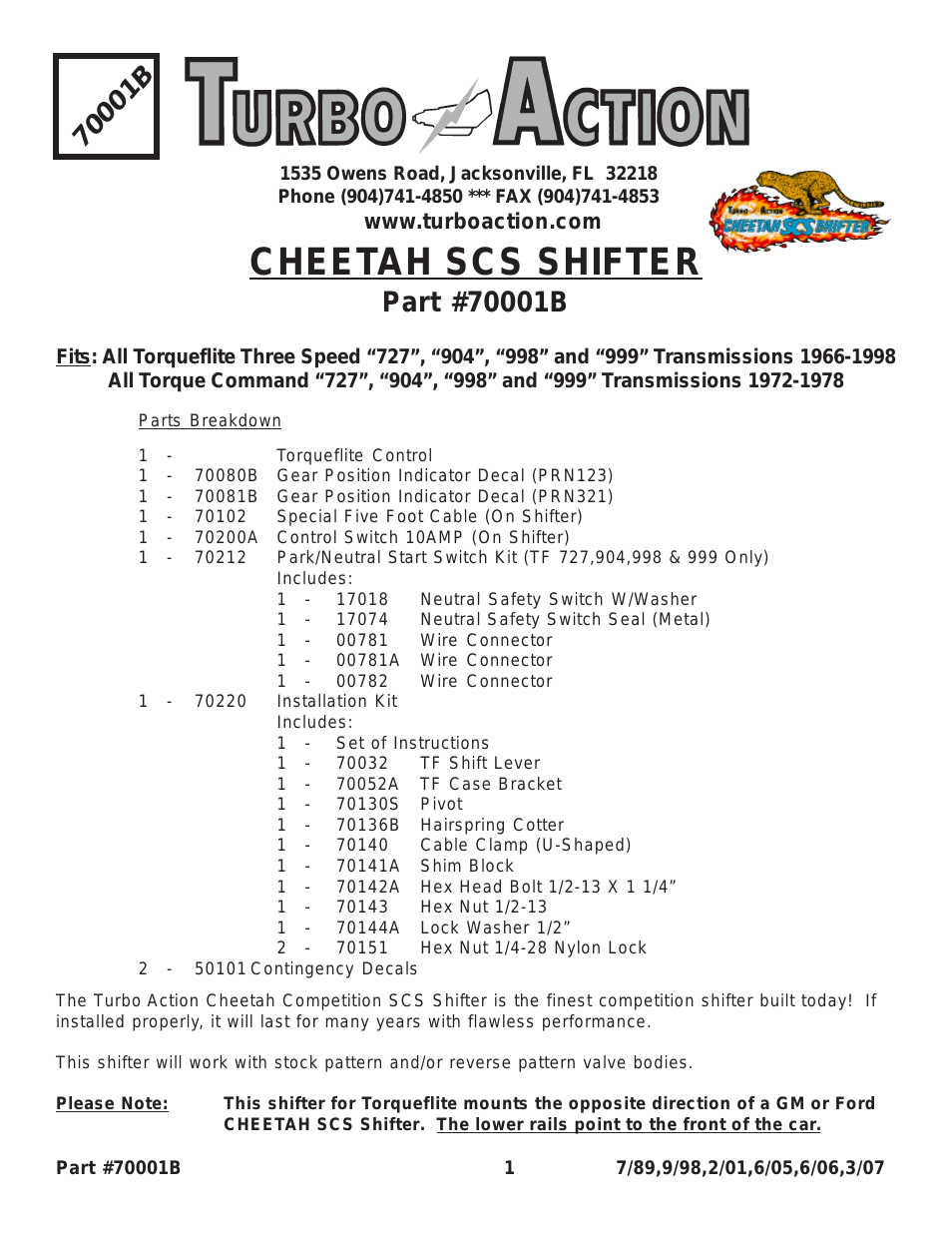 70001B CHEETAH SCS Shifter