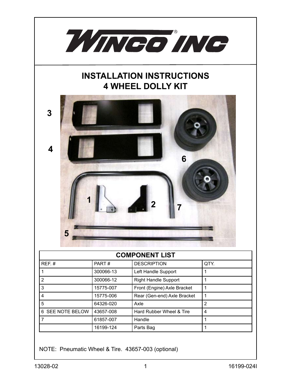4-Wheel Dolly Kit Assembly Instructions for WL12000HE, WL18000VE, HPS12000HE/F (2013)