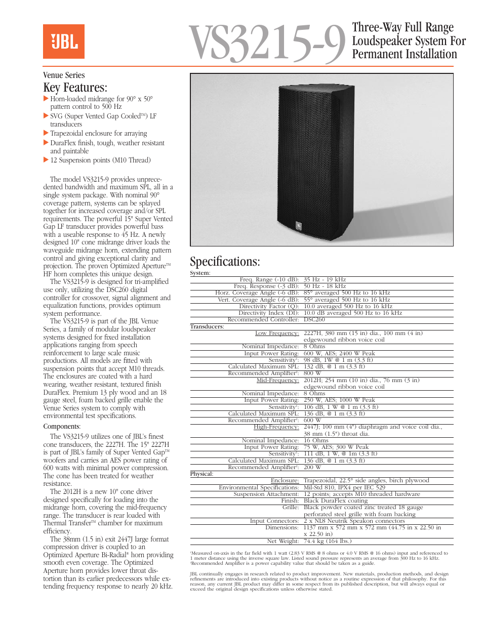 Three-Way Full Range Loudspeaker System for Permanent Installation VS3215-9