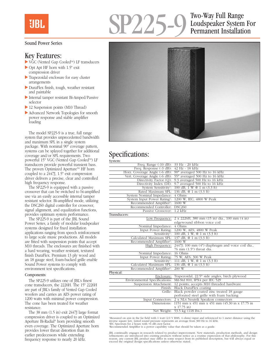 Two-Way Full Range Loudspeaker System For Permanent Installation SP225-9