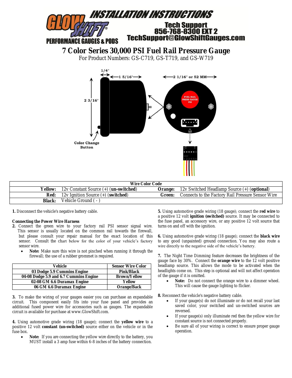 7 Color Series 30,000 PSI Fuel Rail Pressure Gauge