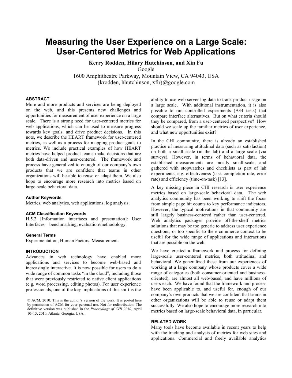 Measuring the User Experience on a Large Scale: User-Centered Metrics for Web Applications