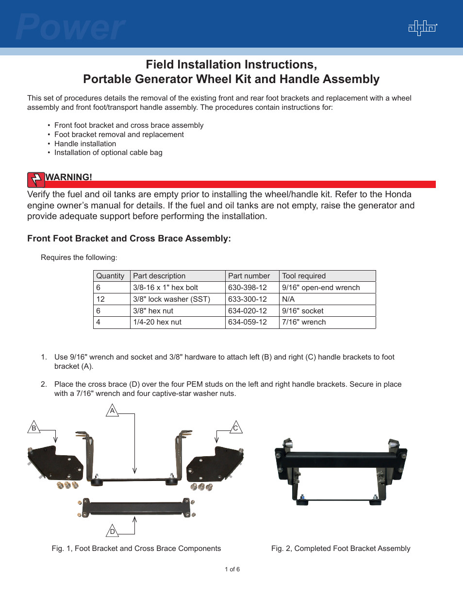 Portable Generator Wheel Kit and Handle Assembly
