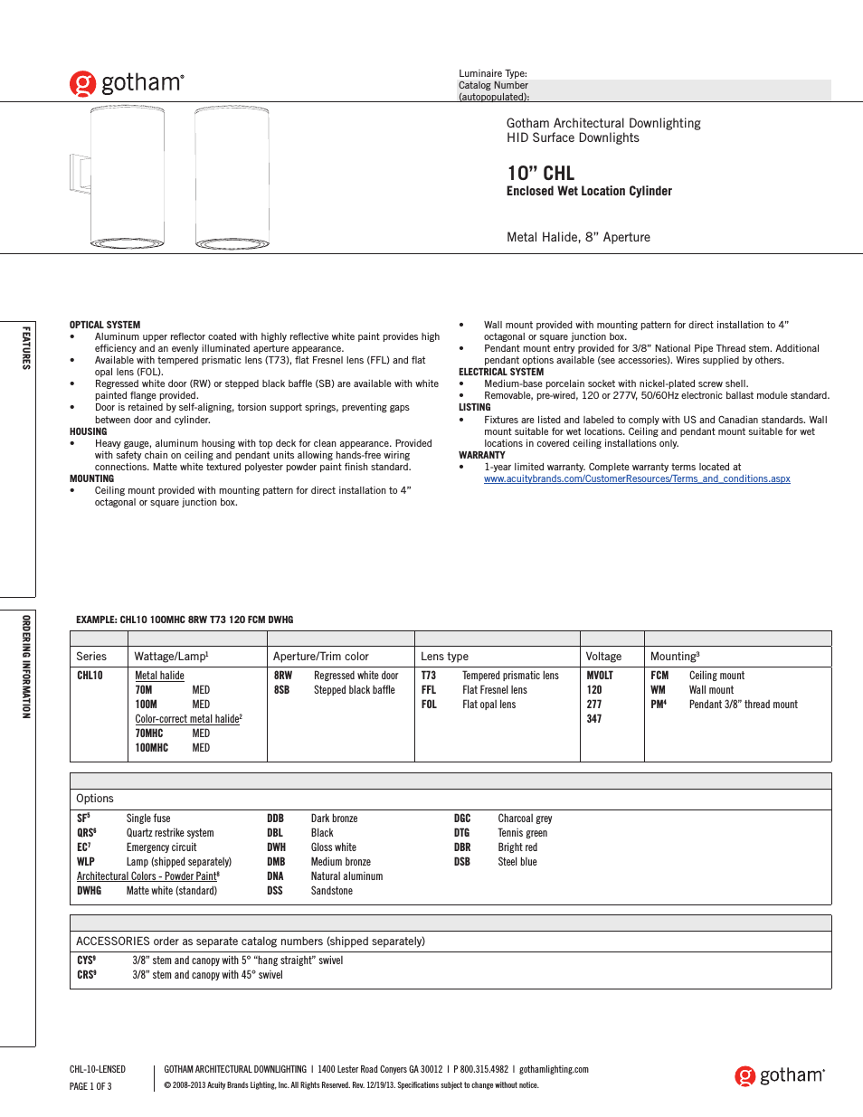 10 CHL Enclosed Wet Location Cylinder SpecSheet