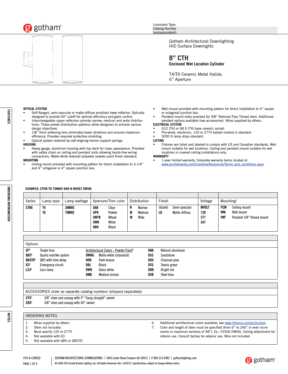8 CTH Enclosed Wet Location Cylinder SpecSheet