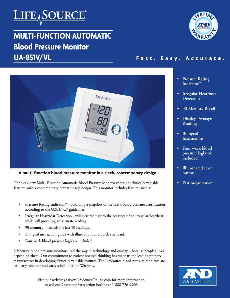 Life Source Multi-Function Automatic Blood Pressure Monitor UA-851/V/VL