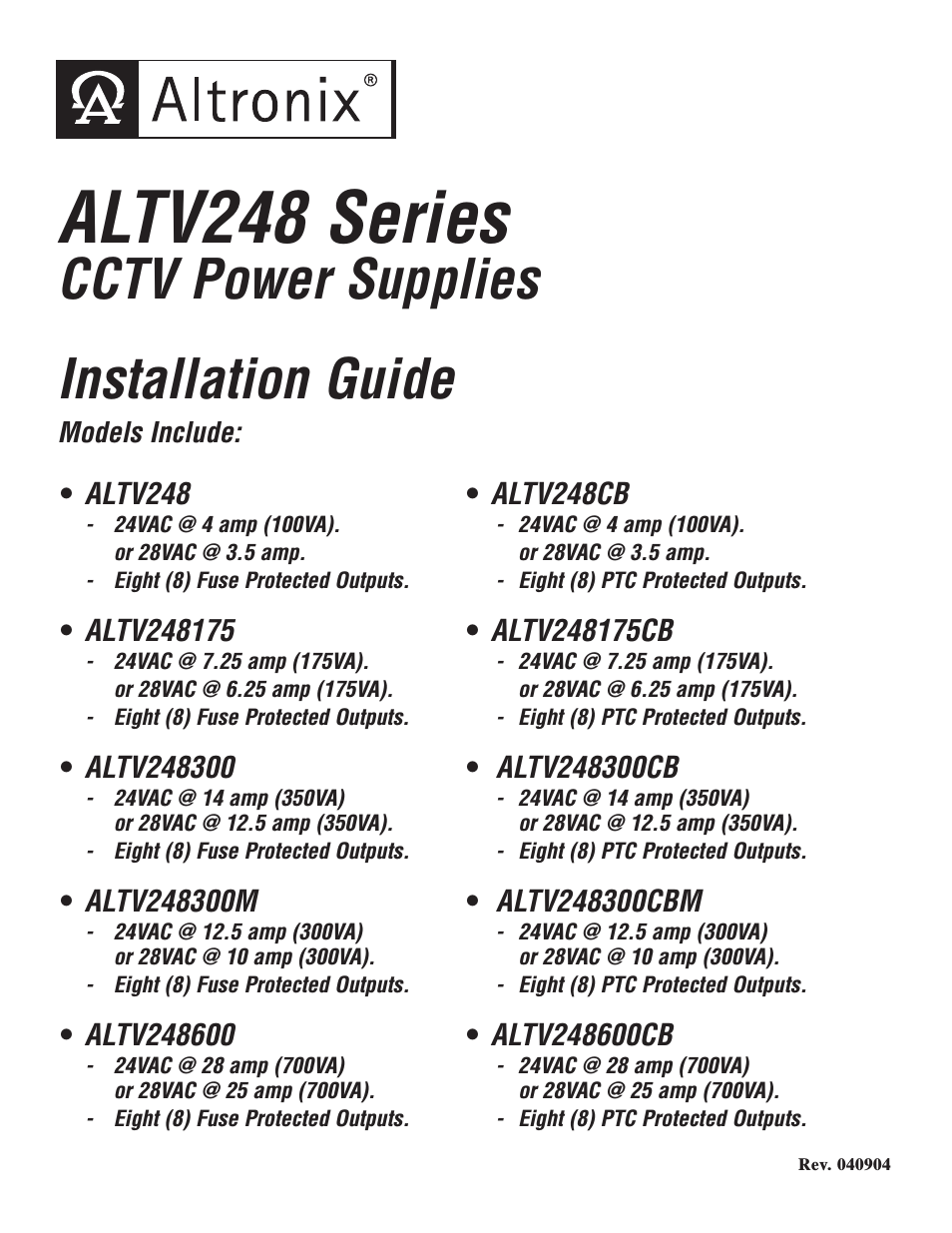 ALTV248 Series Installation Instructions