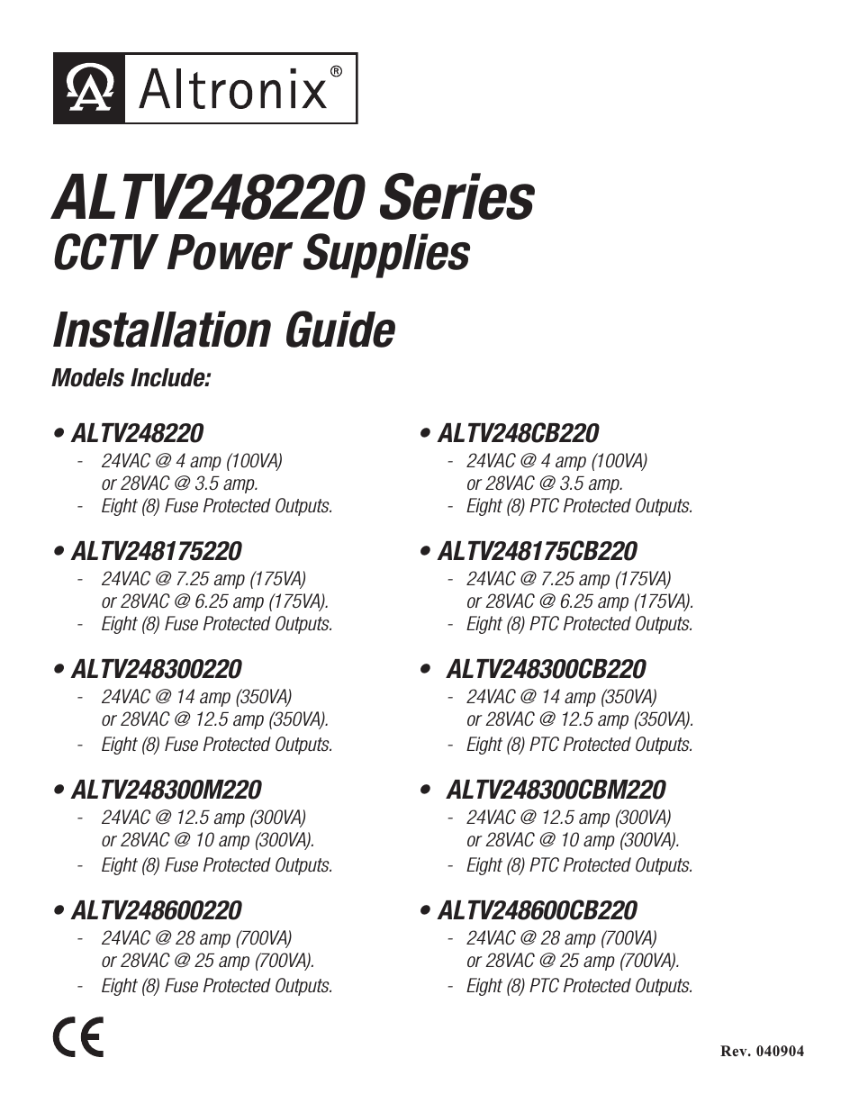 ALTV248220 Series Installation Instructions