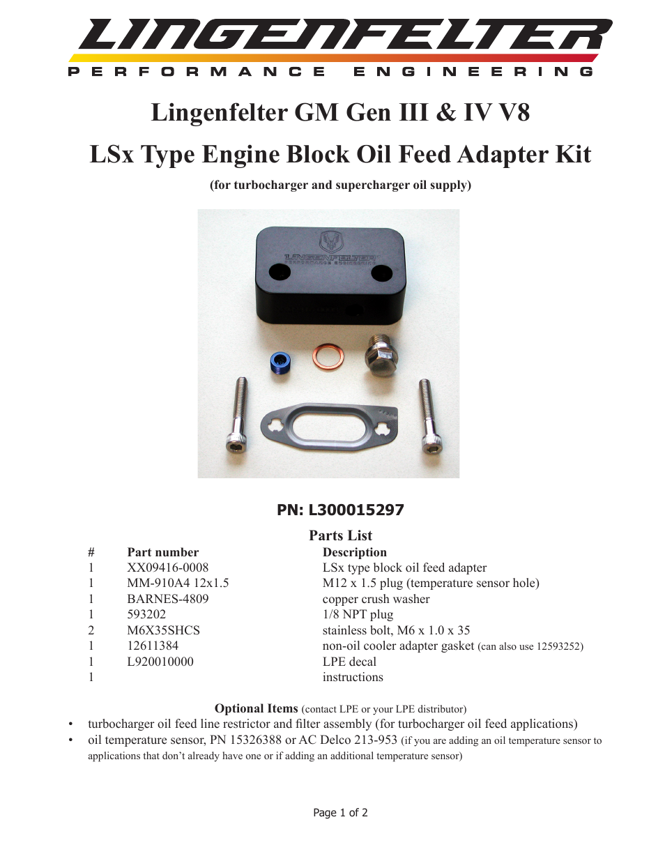 L300015297 Lingenfelter LSx Oil Supply Feed Adapter Block v1.2