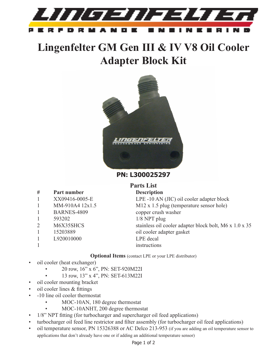 L300025297 Lingenfelter LS1 Oil Cooler Adapter Block v2.7