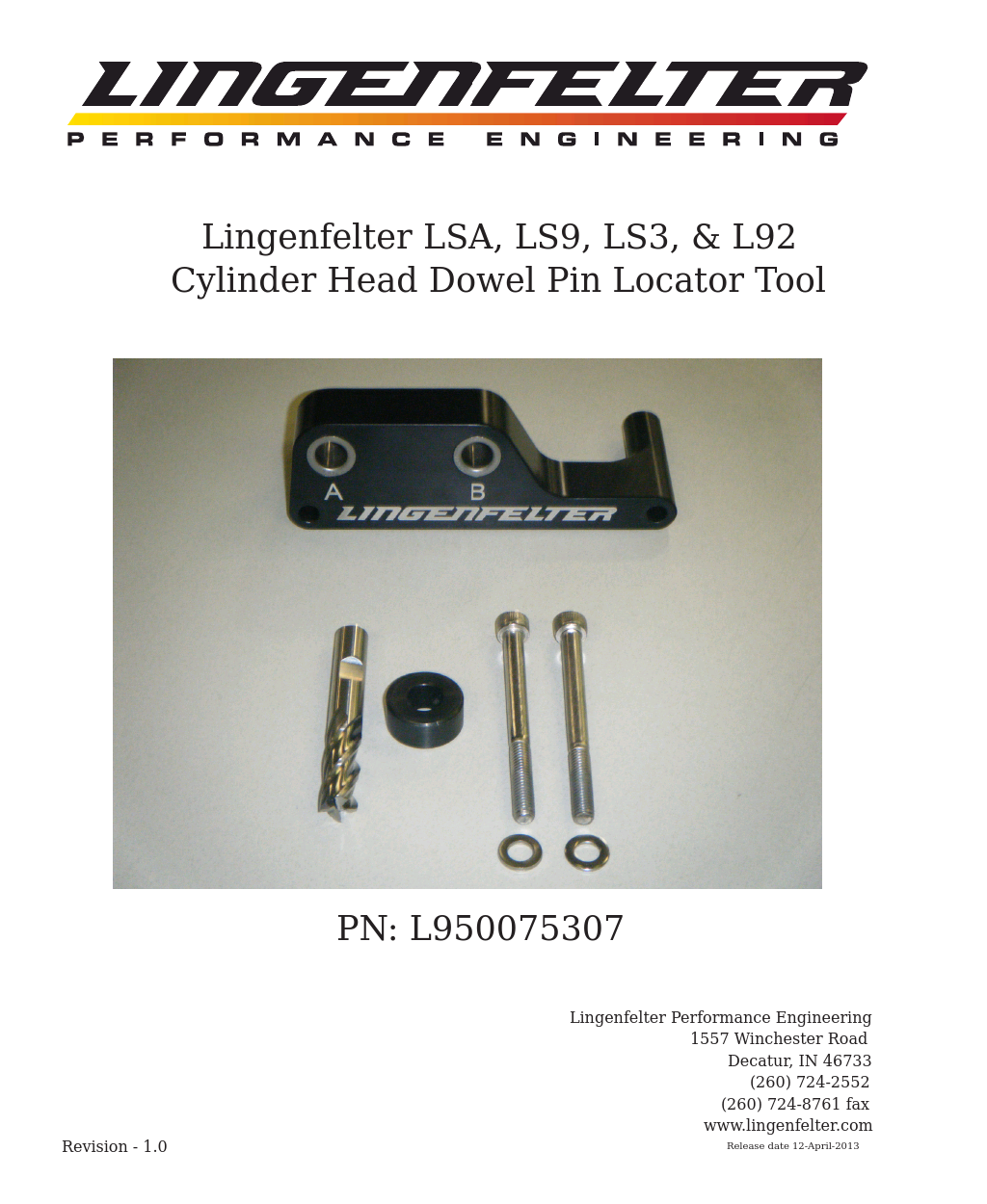L950075307 LSA, LS9, LS3, L92 cylinder head dowel pin locator tool v1.0