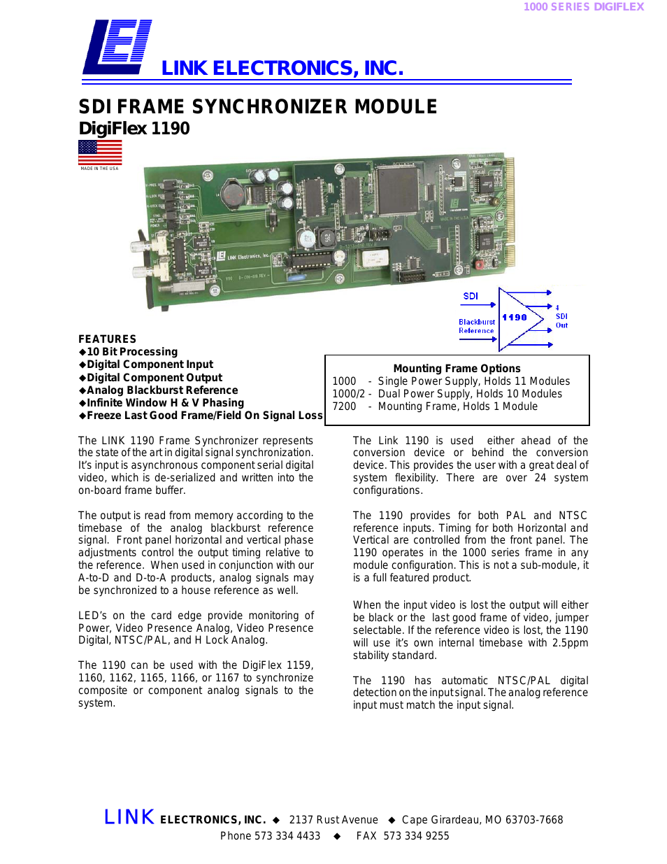SDI Frame Synchronizer Module DigiFlex 1190