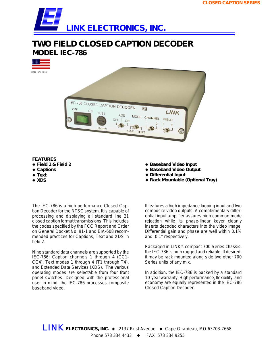 Two Field Closed Caption Decoder IEC-786